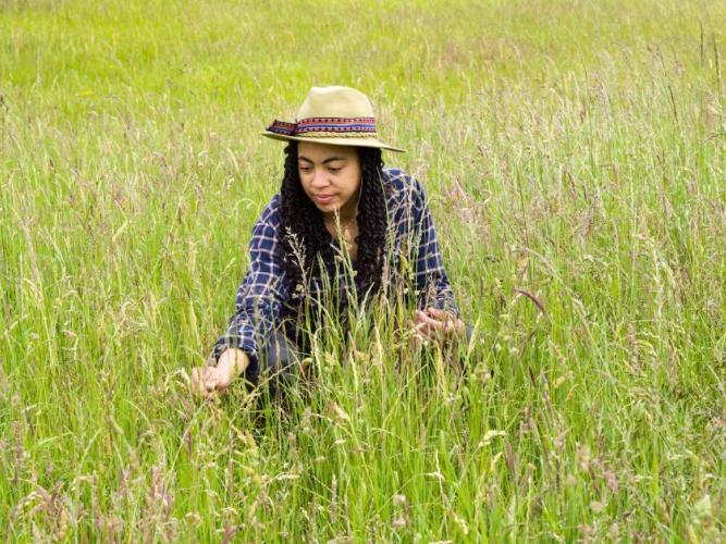 Sara Middleton in the grassland at Upper Seeds, Wytham Woods