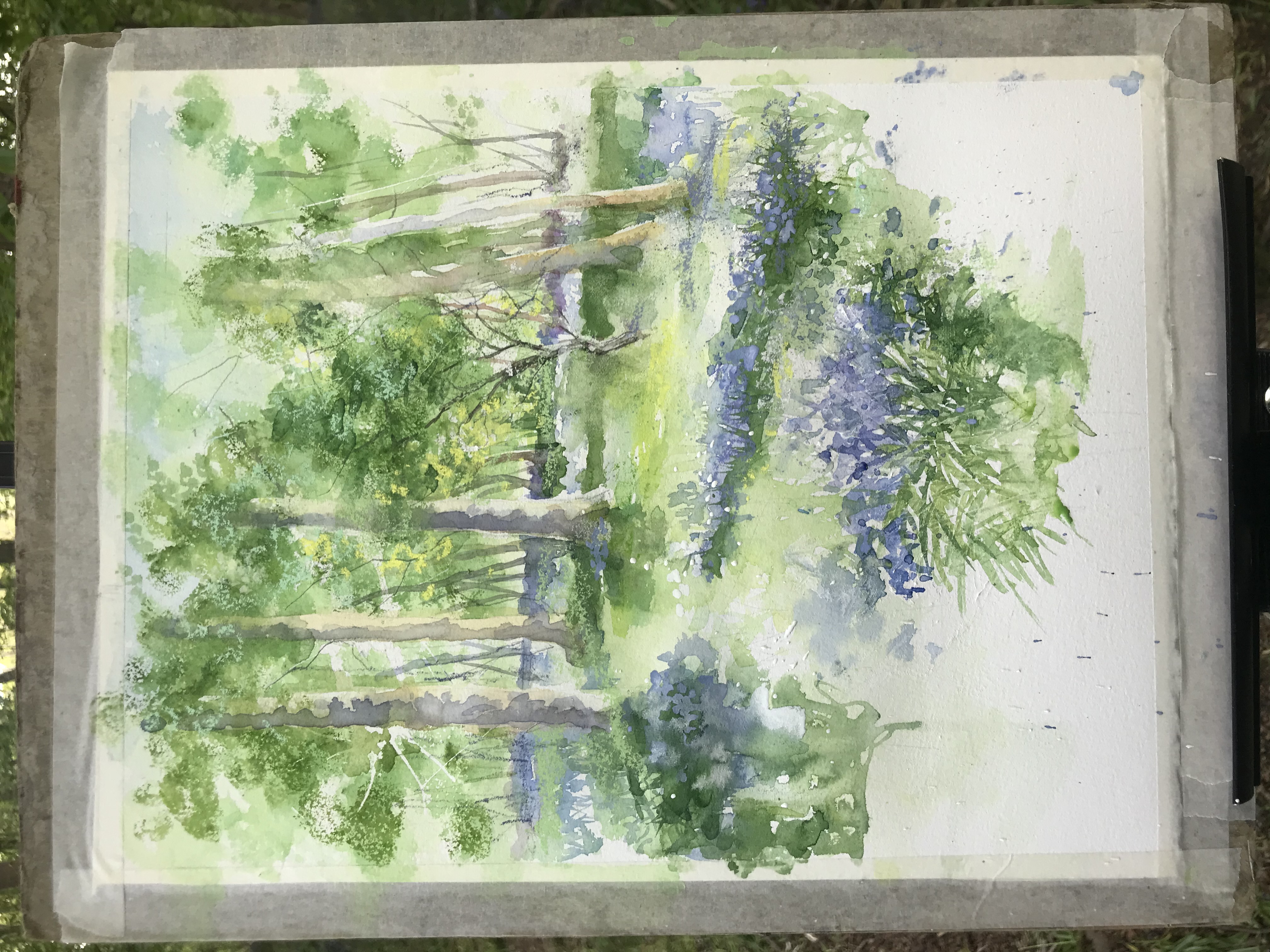 A watercolour painting of bluebells, painted by Susan Neale in May 2022